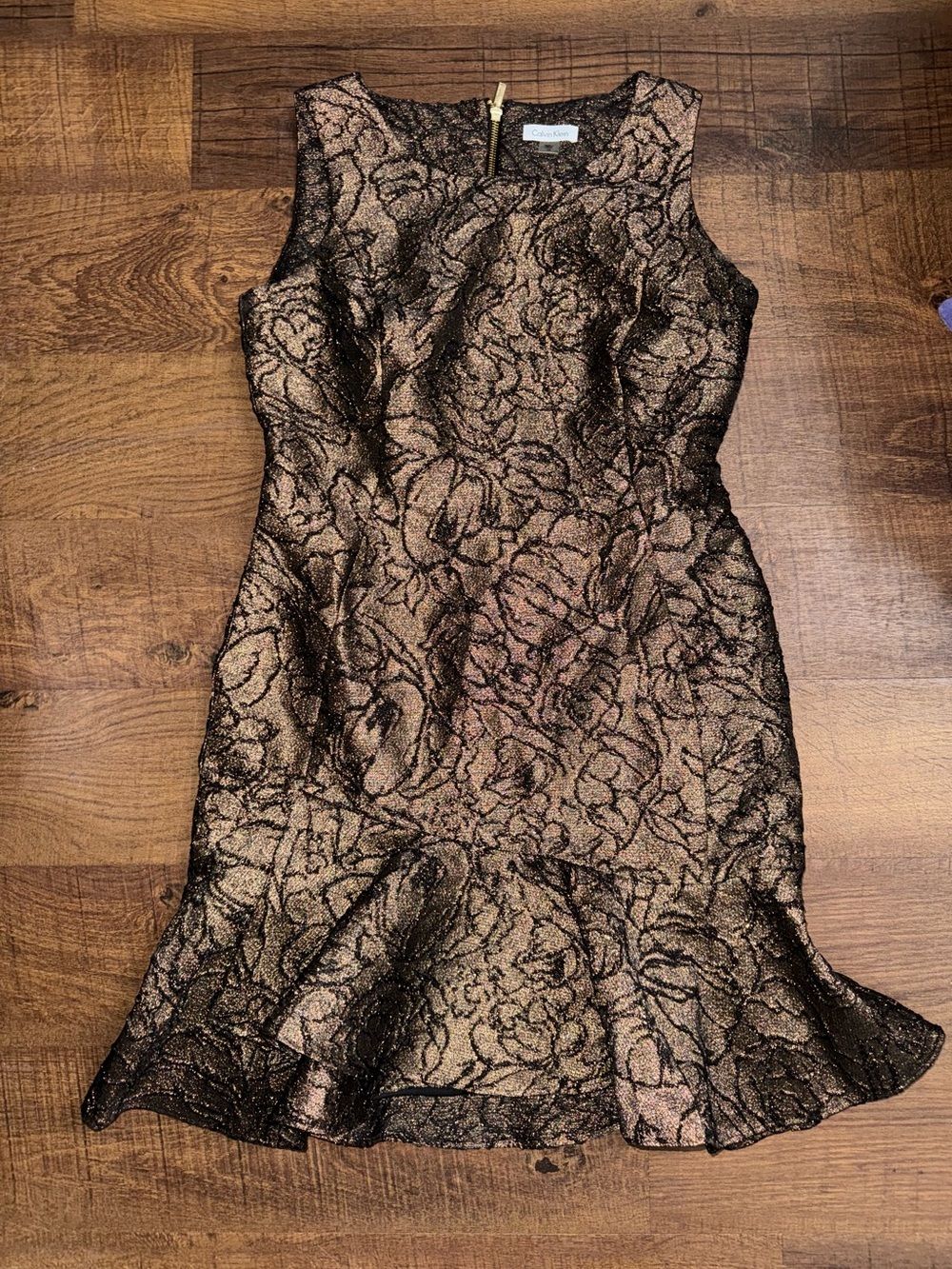 Calvin Klein Black and Rose Gold Floral Jacquard Mini Dress